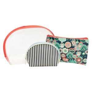 Sage & Emily 3 Piece Vinyl Travel Cosmetic Bag Set, Clear/Coral/White/Blue